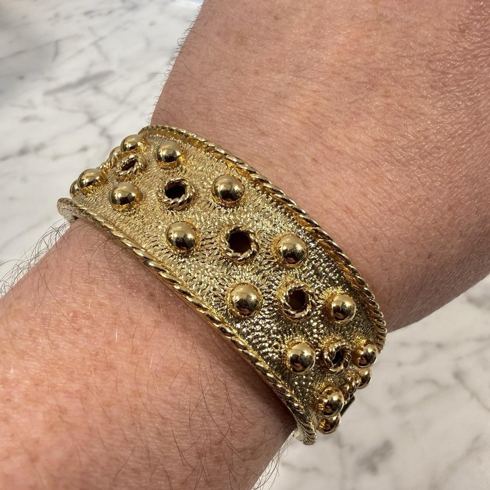 Vintage MONET Wide Etruscan Gold Plated Hinged Bracelet Bangle 6.75"